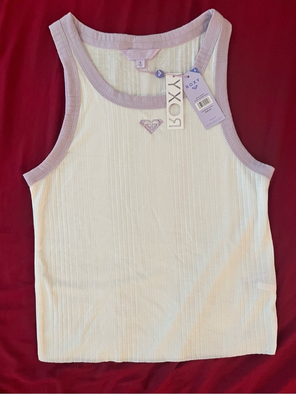 Roxy Ribbed Boardwalk white Tank Top with Lavender Trim L NWT